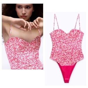 Zara Pink Floral Corset Bodysuit Size S